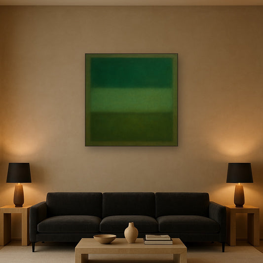 Forest Emerald & Deep Moss Contemplative Field No. 10 Oil Painting Staged Above Sectional Sofa in Living Room, Hand Painted Canvas Wall Art for Home Decor