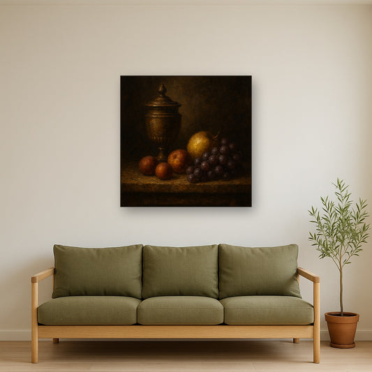 Classical Chiaroscuro Fruit & Urn Still Life No. 3 Oil Painting - Styled in Modern Living Room