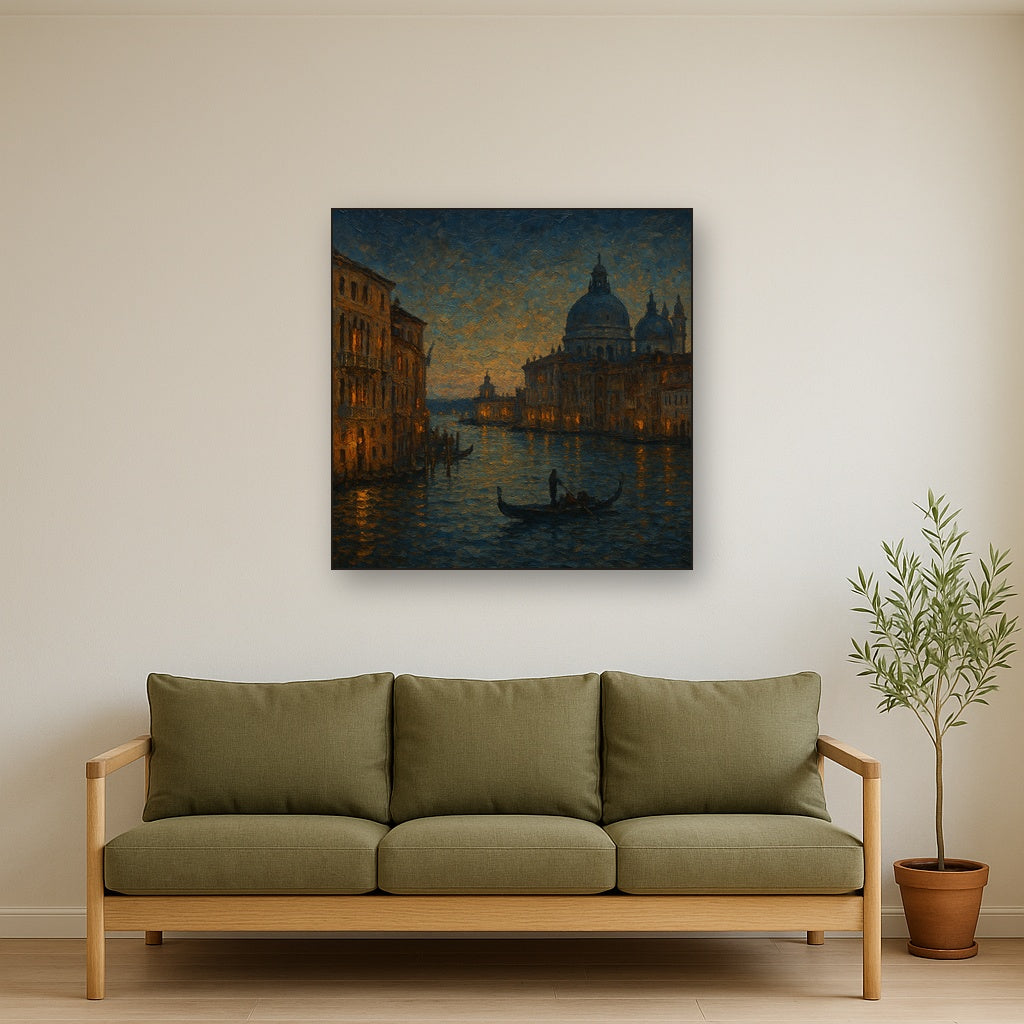 Vintage Venetian Grand Canal at Twilight Oil Painting - Styled in Modern Living Room