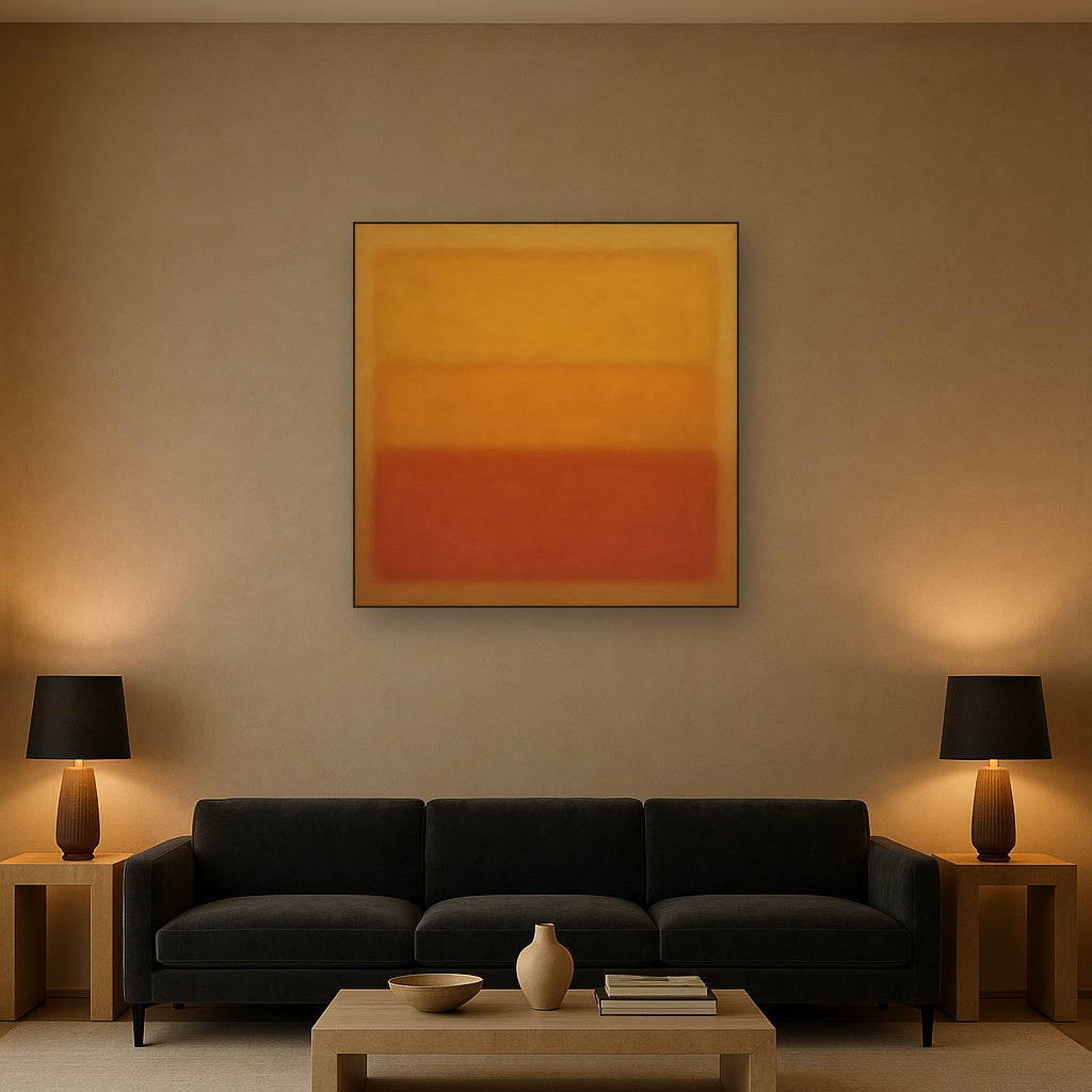 Luminous Ochre & Terracotta Horizon Color Field No. 13 Oil Painting Staged Above Sectional Sofa in Living Room, Hand Painted Canvas Wall Art for Home Decor