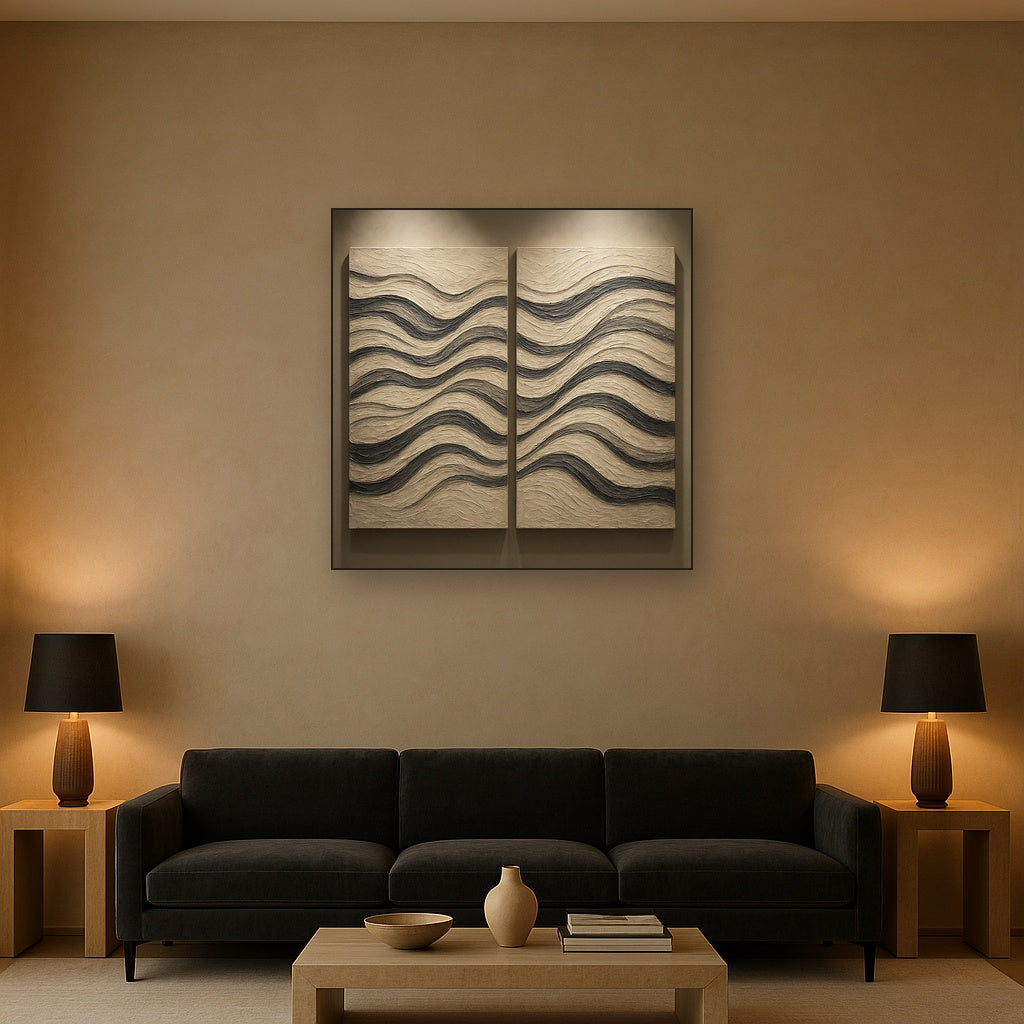 Monochrome Linear Rhythm Diptych Oil Painting - Styled in Modern Living Room