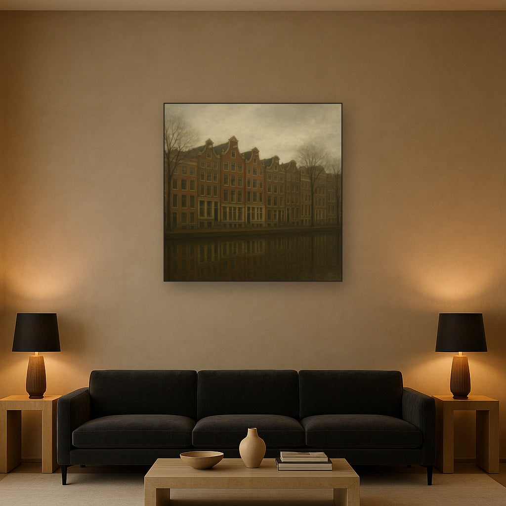 Amsterdam Canal Houses Under Overcast Sky No. 6 Oil Painting Staged Above Sectional Sofa in Living Room, Hand Painted Canvas Wall Art for Home Decor