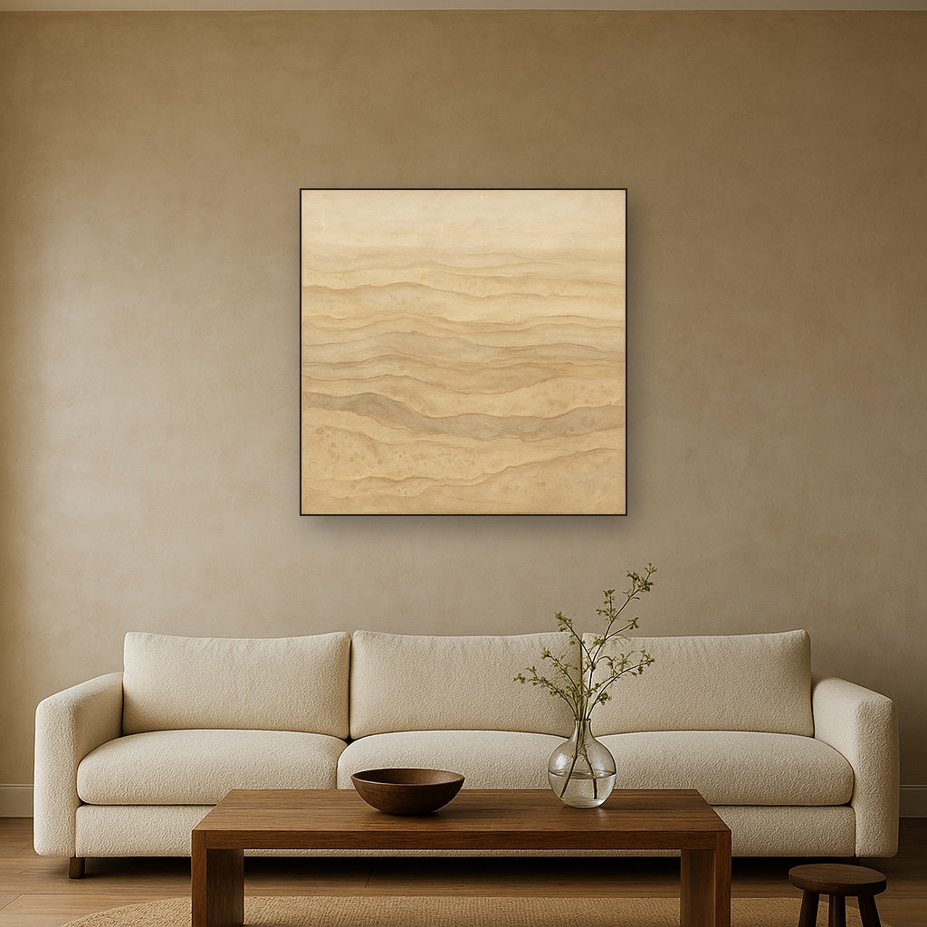 Weathered Mineral Sediments in Warm Ecru No. 9 Oil Painting Staged Above Sectional Sofa in Living Room, Hand Painted Canvas Wall Art for Home Decor