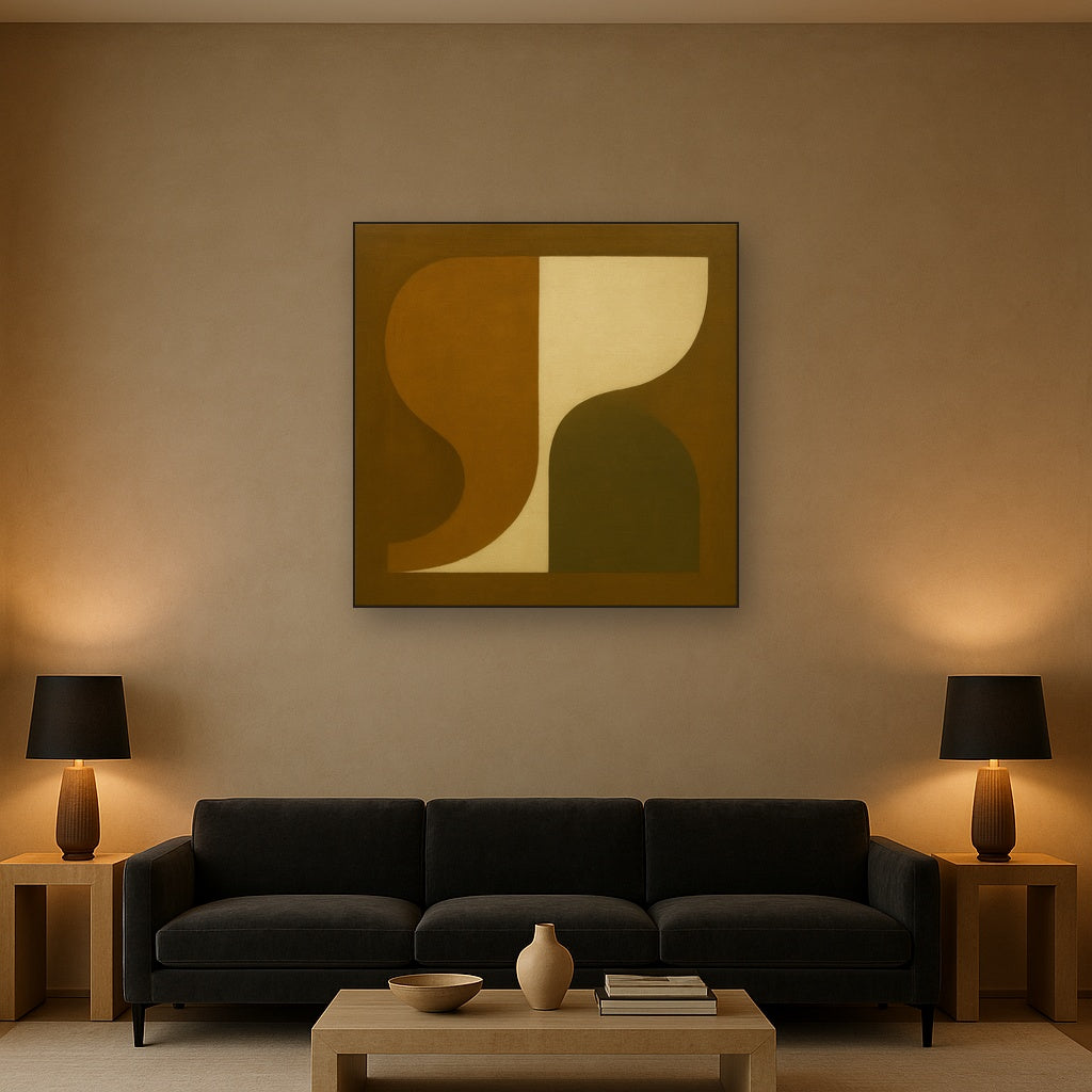 Minimalist Asymmetrical Balance in Raw Umber No. 23 Oil Painting Staged Above Sectional Sofa in Living Room, Hand Painted Canvas Wall Art for Home Decor