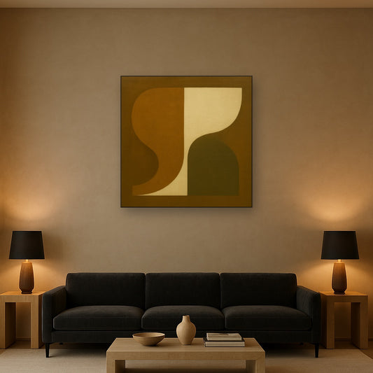 Minimalist Asymmetrical Balance in Raw Umber No. 23 Oil Painting Staged Above Sectional Sofa in Living Room, Hand Painted Canvas Wall Art for Home Decor
