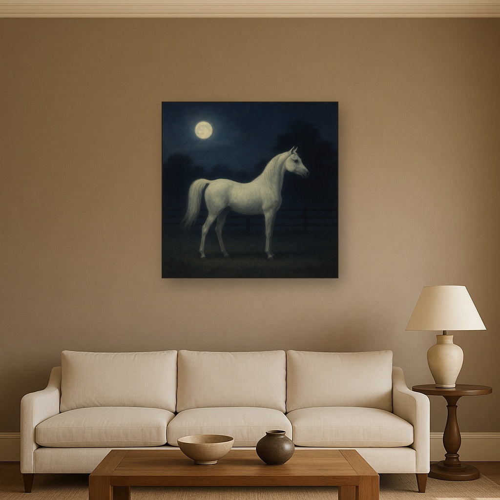 Moonlit Paddock with White Arabian Silhouette No. 12 Oil Painting - View 2