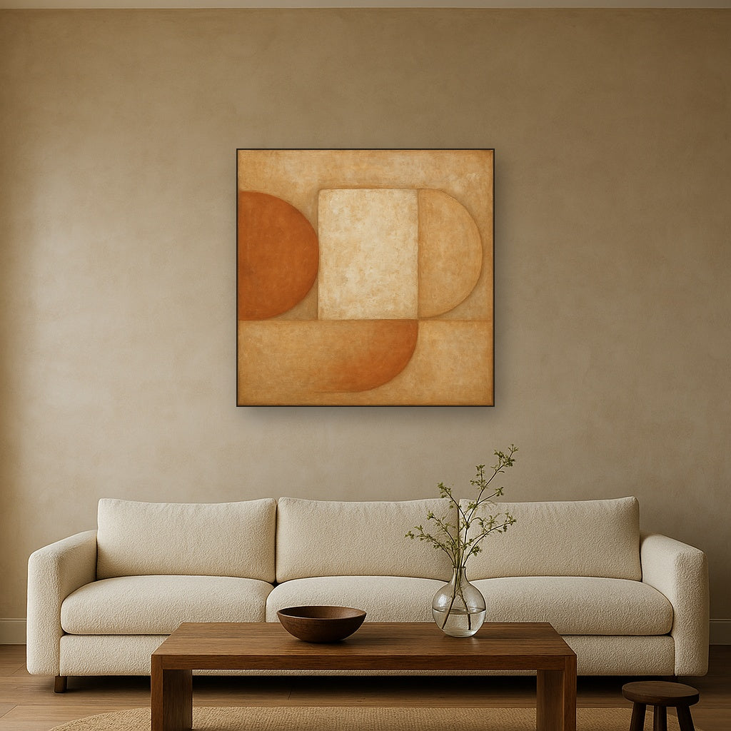 Earthy Terracotta & Weathered Plaster Wash No. 7 Oil Painting Staged Above Sectional Sofa in Living Room, Hand Painted Canvas Wall Art for Home Decor