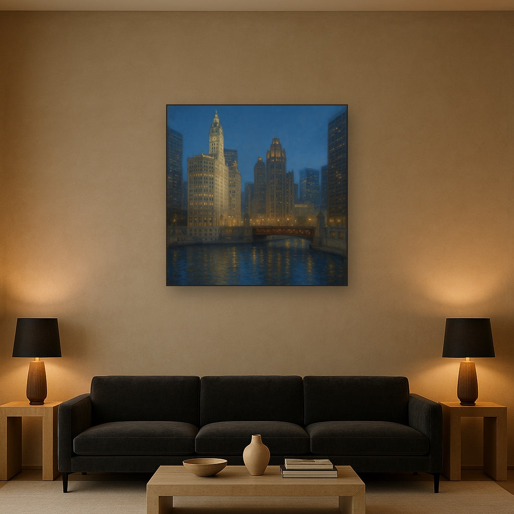 Chicago Riverfront Architecture at Blue Hour Oil Painting - View 2