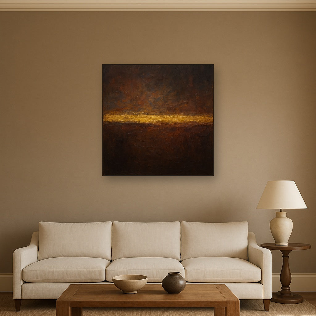 Espresso Velvet & Gilded Horizon No. 3 Oil Painting - Styled in Modern Living Room