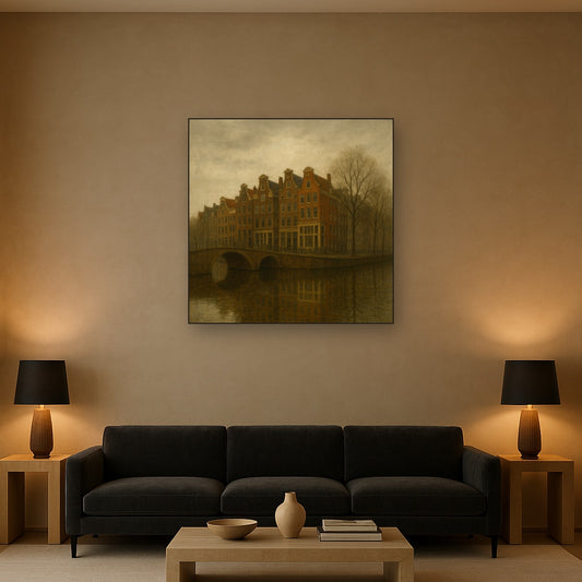 Amsterdam Canal Houses Under Overcast Sky No. 8 Oil Painting Staged Above Sectional Sofa in Living Room, Hand Painted Canvas Wall Art for Home Decor