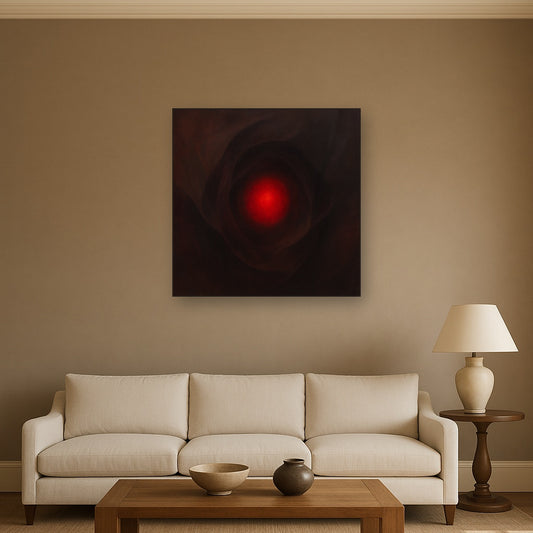 Smoky Ruby & Warm Obsidian Veils No. 18 Oil Painting Staged Above Sectional Sofa in Living Room, Hand Painted Canvas Wall Art for Home Decor