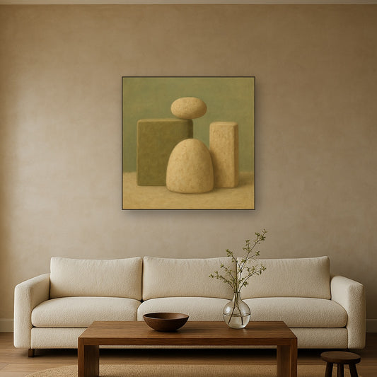 Muted Olive & Sandstone Geometric Balance No. 15 Oil Painting Staged Above Sectional Sofa in Living Room, Hand Painted Canvas Wall Art for Home Decor