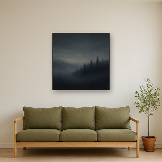 Dusk over Silent Pine Ridgeline in Charcoal Fog No. 5 Oil Painting Staged Above Sectional Sofa in Living Room, Hand Painted Canvas Wall Art for Home Decor