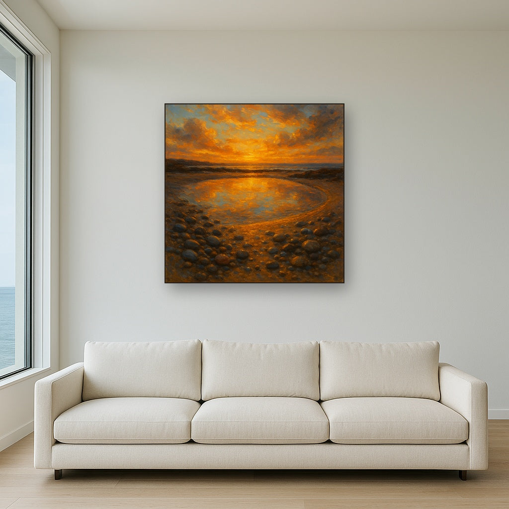 Golden Sunset Tidal Pool Coastal Oil Painting - Styled in Modern Living Room
