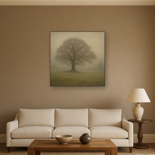 Ancient Solitary Oak in Morning Fog No. 7 Oil Painting Staged Above Sectional Sofa in Living Room, Hand Painted Canvas Wall Art for Home Decor