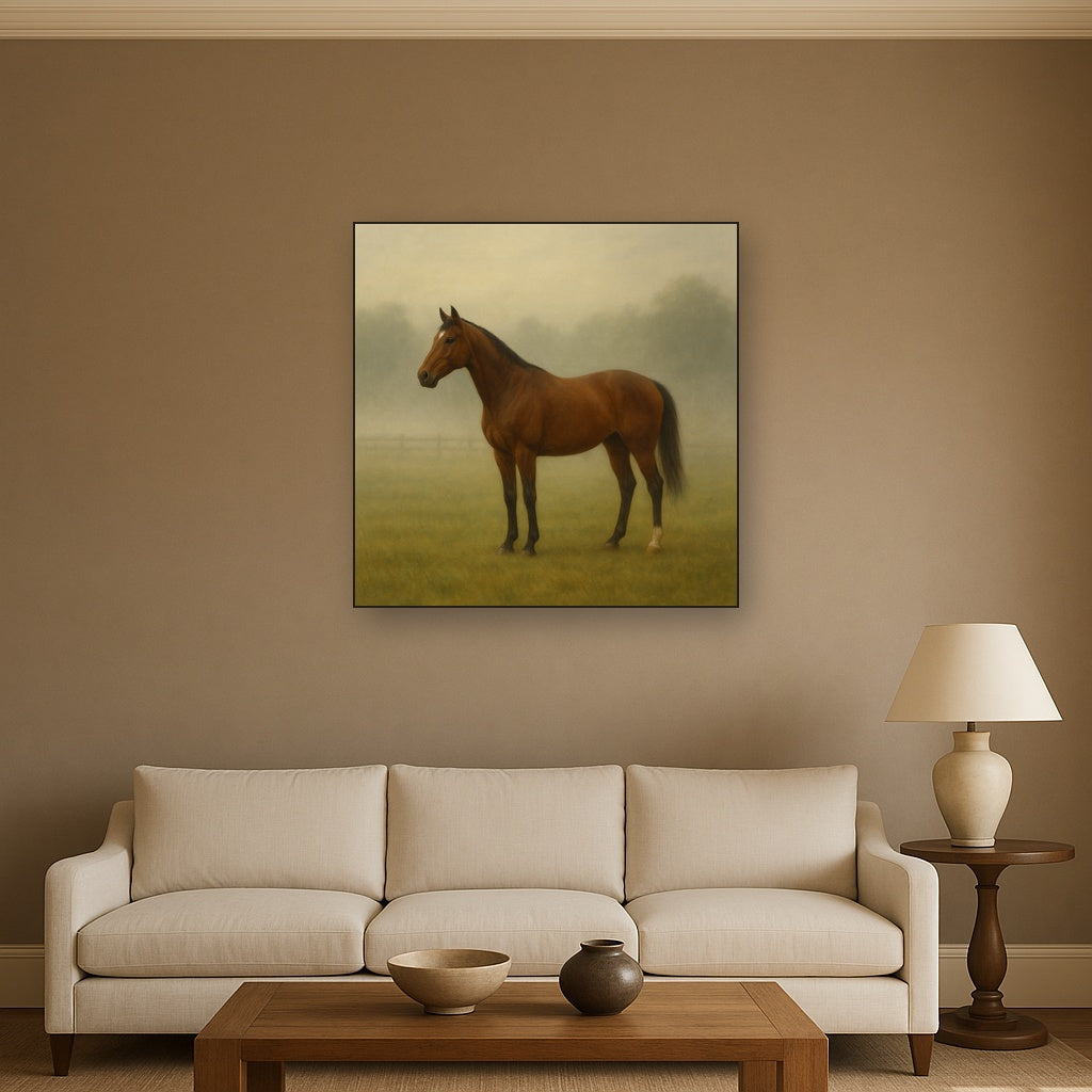 Thoroughbred in Morning Pasture Mist No. 17 Oil Painting - View 2