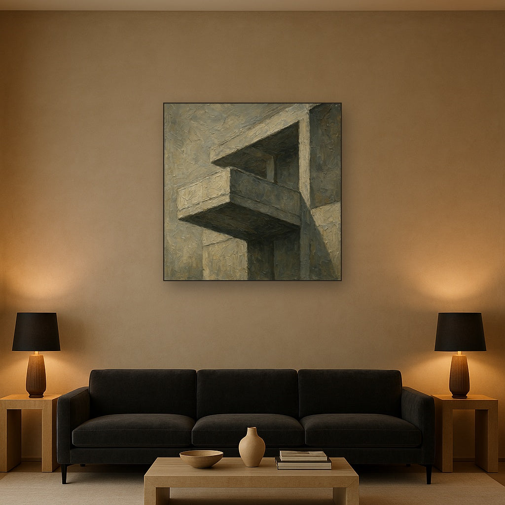 Brutalist Cantilevered Balcony Study No. 6 Oil Painting - Styled in Modern Living Room
