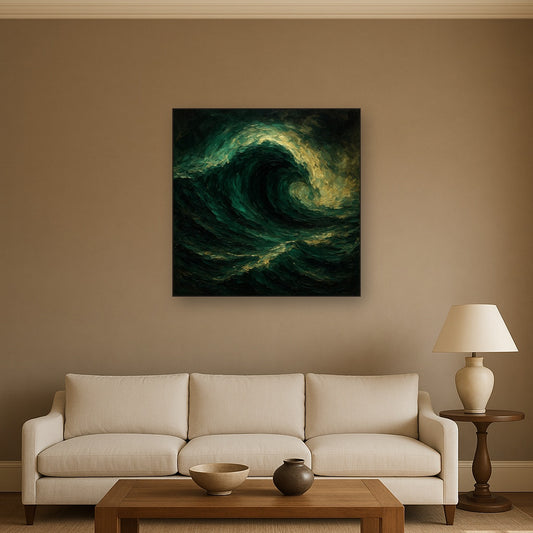 Deep Emerald & Obsidian Swell No. 5 Oil Painting - Styled in Modern Living Room