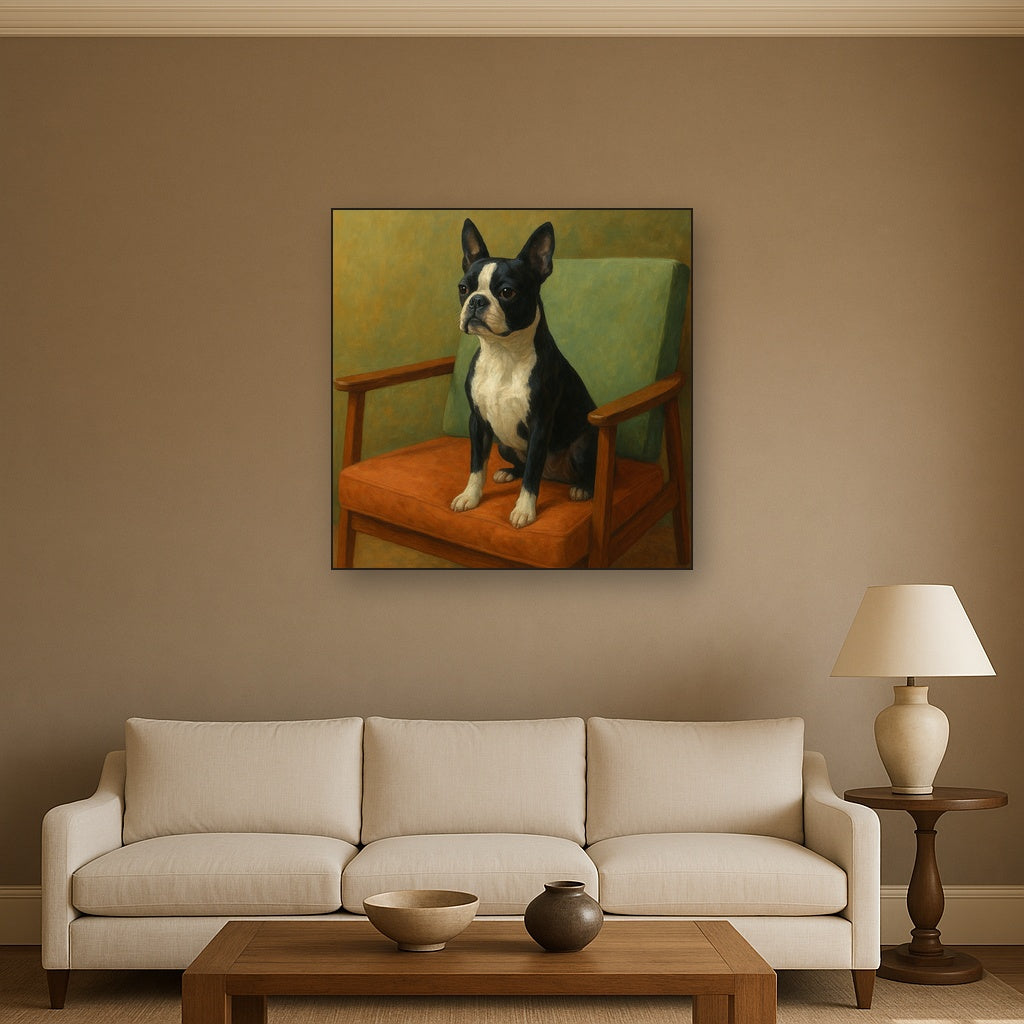 Boston Terrier in Warm Mid-Century Armchair No. 14 Fine Art Oil Painting - View 2