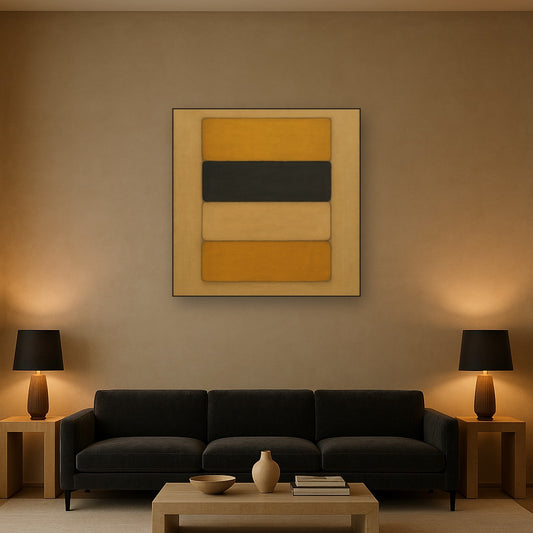 Stacked Horizon Blocks in Mustard & Charcoal No. 16 Oil Painting - View 2