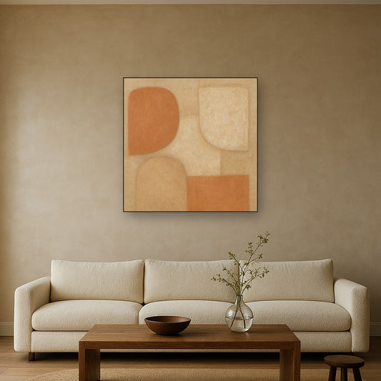 Earthy Terracotta & Weathered Plaster Wash No. 3 Oil Painting Staged Above Sectional Sofa in Living Room, Hand Painted Canvas Wall Art for Home Decor