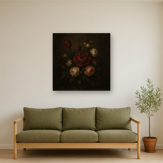 Dutch Golden Age Moody Floral Still Life No. 3 Oil Painting - Styled in Modern Living Room