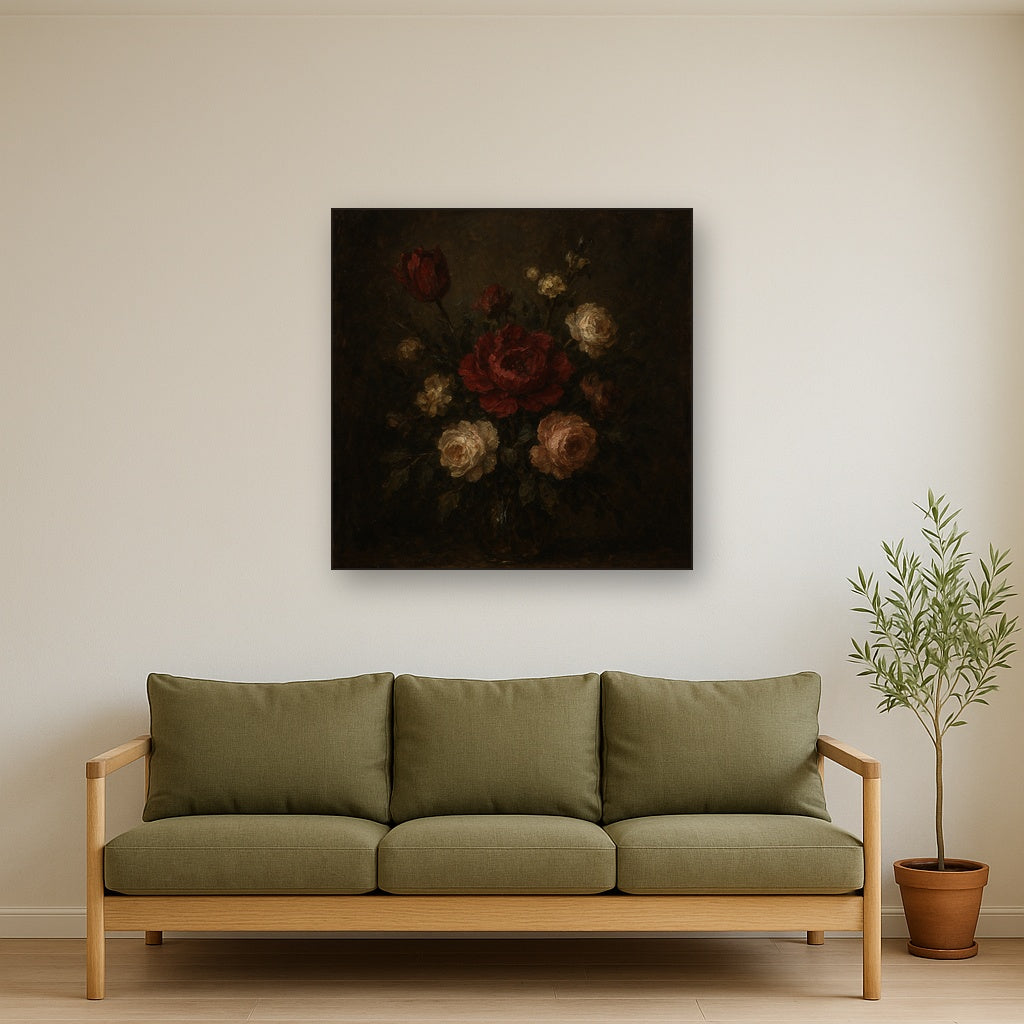 Dutch Golden Age Moody Floral Still Life No. 3 Oil Painting - Styled in Modern Living Room
