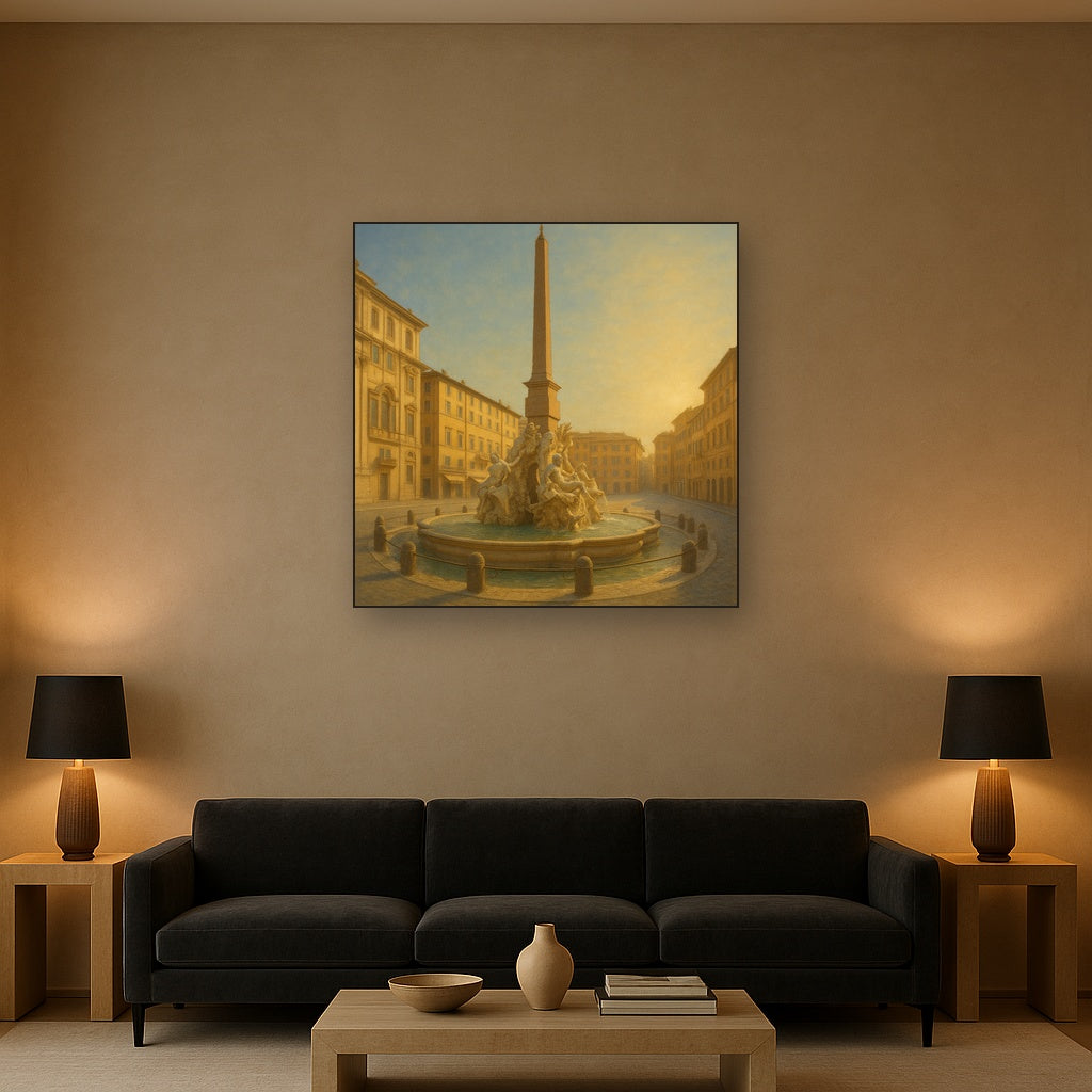 Rome Piazza Fountain in Morning Sunlight No. 14 Oil Painting - View 2
