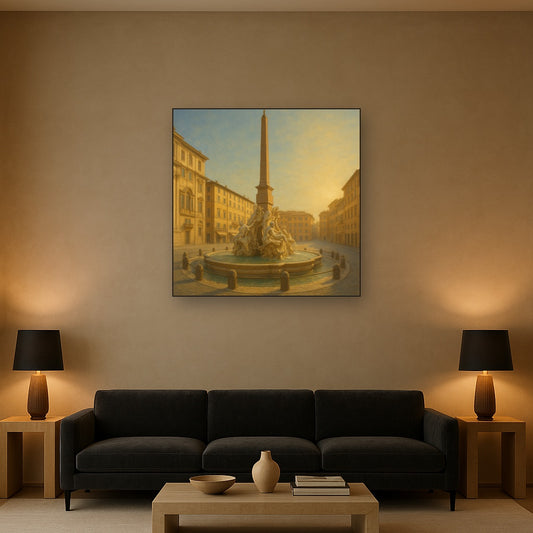 Rome Piazza Fountain in Morning Sunlight No. 14 Oil Painting Staged Above Sectional Sofa in Living Room, Hand Painted Canvas Wall Art for Home Decor