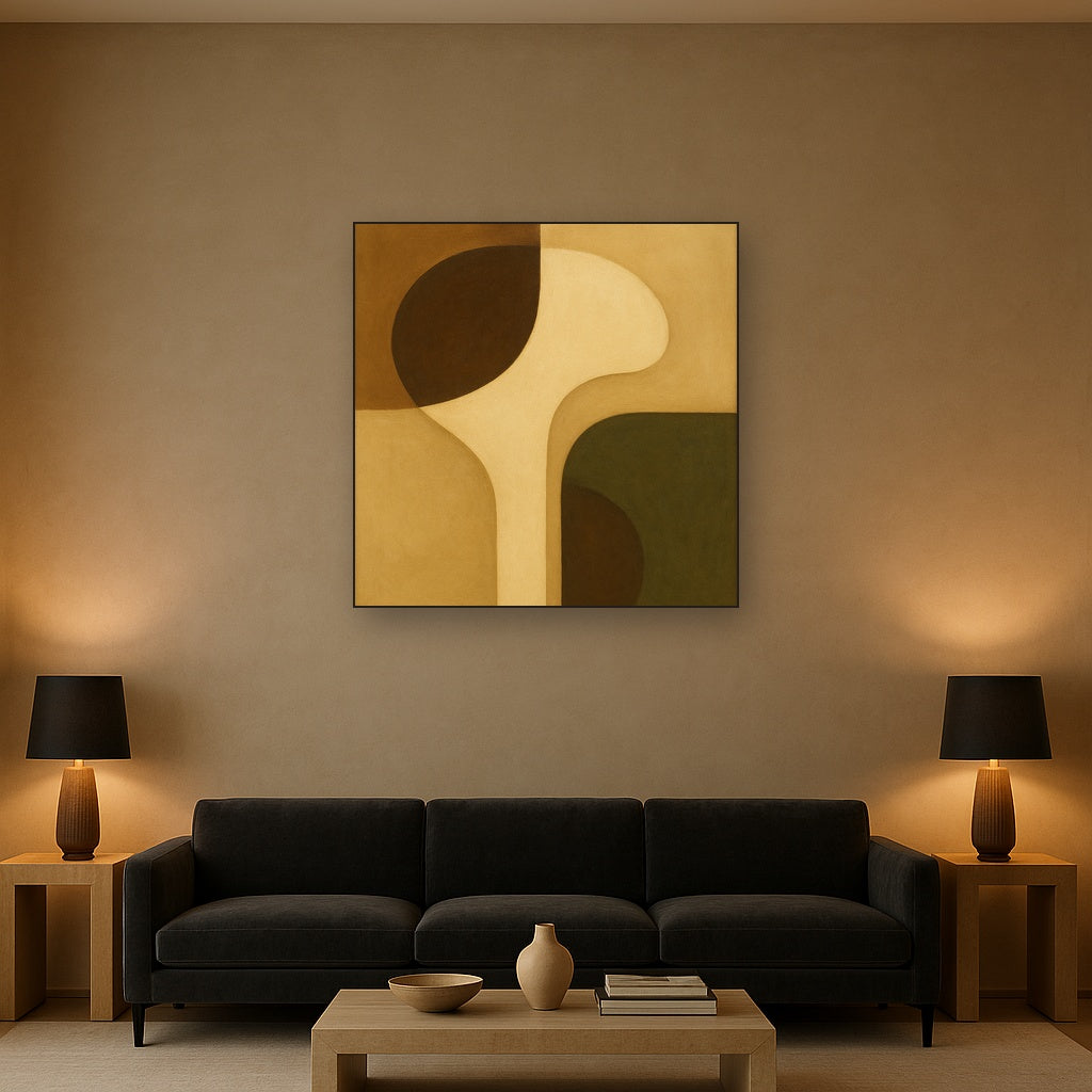 Minimalist Asymmetrical Balance in Raw Umber No. 25 Oil Painting Staged Above Sectional Sofa in Living Room, Hand Painted Canvas Wall Art for Home Decor