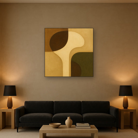 Minimalist Asymmetrical Balance in Raw Umber No. 25 Oil Painting Staged Above Sectional Sofa in Living Room, Hand Painted Canvas Wall Art for Home Decor