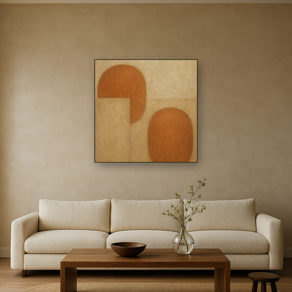Earthy Terracotta & Weathered Plaster Wash No. 6 Oil Painting Staged Above Sectional Sofa in Living Room, Hand Painted Canvas Wall Art for Home Decor