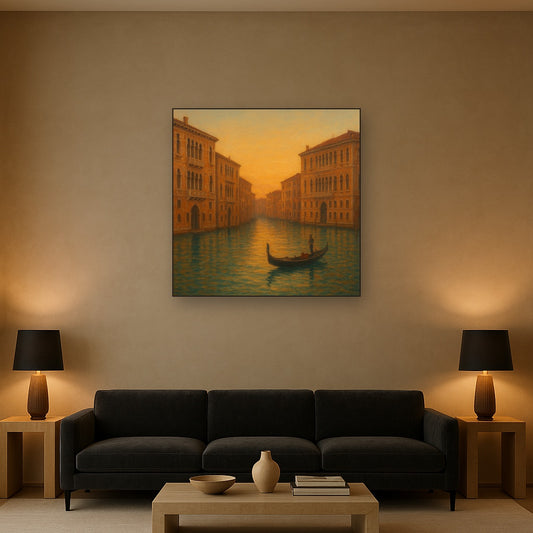 Venetian Canal Palaces at Golden Hour No. 5 Oil Painting Staged Above Sectional Sofa in Living Room, Hand Painted Canvas Wall Art for Home Decor