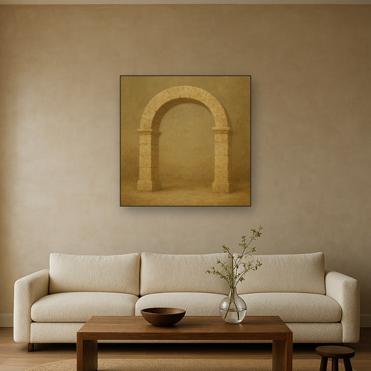 Travertine Stone Arch & Earth Tones No. 29 Oil Painting Staged Above Sectional Sofa in Living Room, Hand Painted Canvas Wall Art for Home Decor