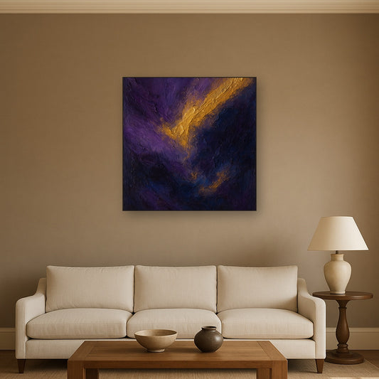Amethyst Shadow & Celestial Gold No. 2 Oil Painting - Styled in Modern Living Room
