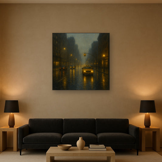 Rain-Drenched Manhattan Avenue Lights No. 4 Oil Painting Staged Above Sectional Sofa in Living Room, Hand Painted Canvas Wall Art for Home Decor
