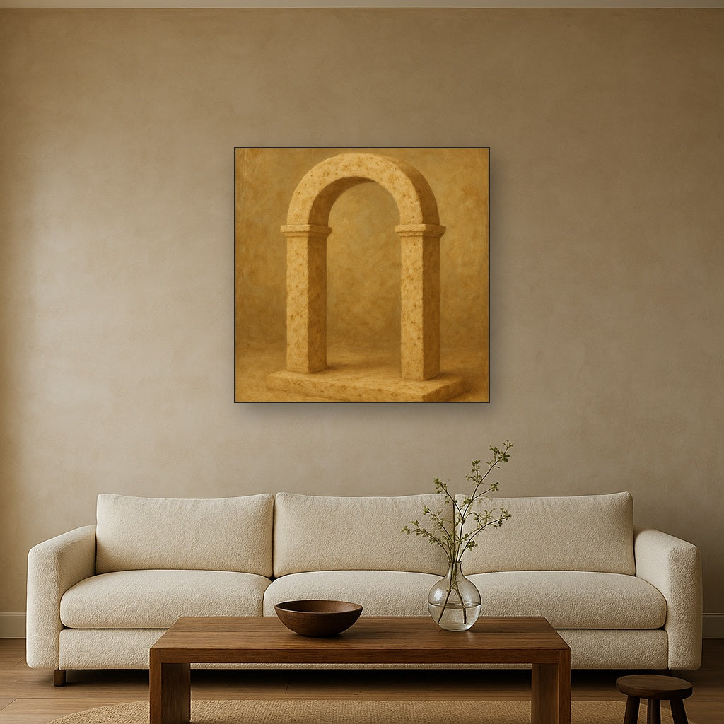 Travertine Stone Arch & Earth Tones No. 2 Oil Painting Staged Above Sectional Sofa in Living Room, Hand Painted Canvas Wall Art for Home Decor