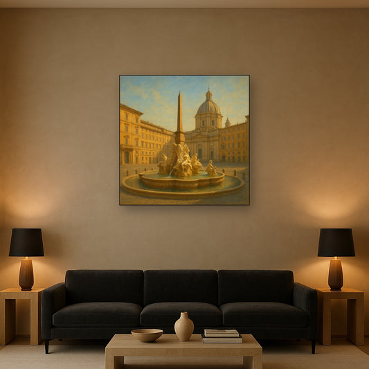 Rome Piazza Fountain in Morning Sunlight No. 17 Oil Painting - View 2