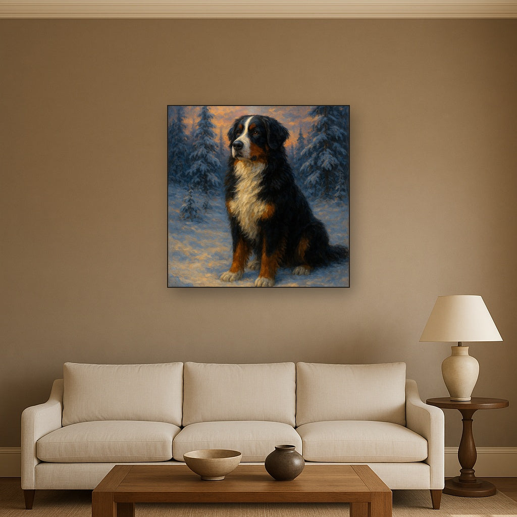 Bernese Mountain Dog in Winter Snowscape No. 11 Fine Art Oil Painting - View 2