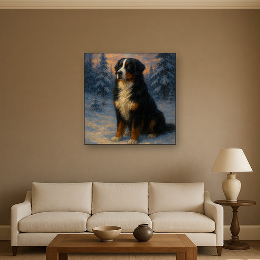 Bernese Mountain Dog in Winter Snowscape No. 11 Fine Art Oil Painting - View 2