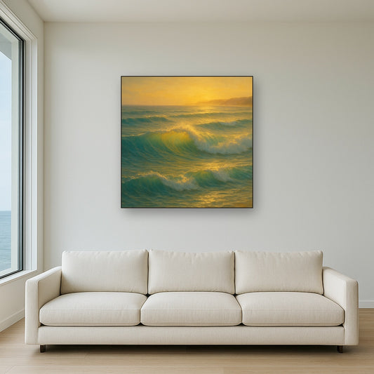 Golden Hour Sunlight on Ocean Swells No. 20 Oil Painting Staged Above Sectional Sofa in Living Room, Hand Painted Canvas Wall Art for Home Decor