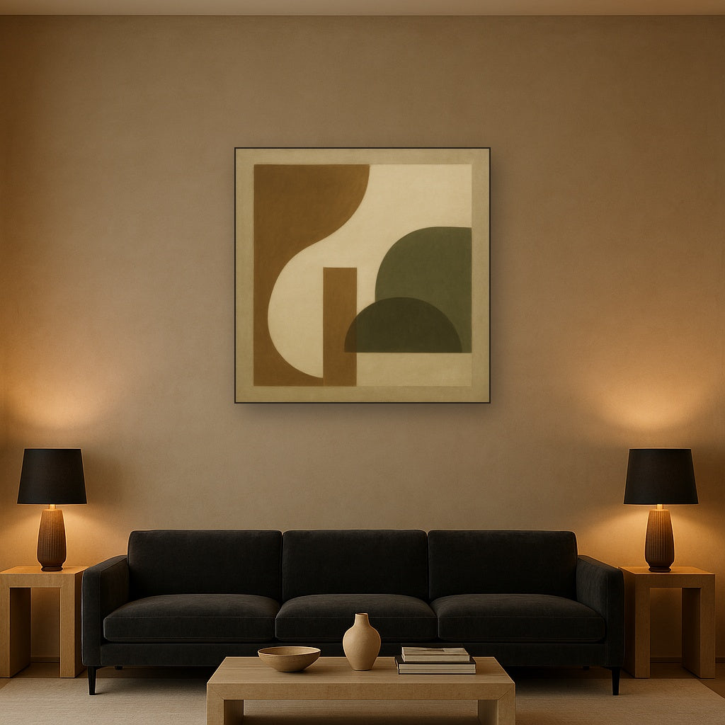 Minimalist Asymmetrical Balance in Raw Umber No. 3 Oil Painting Staged Above Sectional Sofa in Living Room, Hand Painted Canvas Wall Art for Home Decor