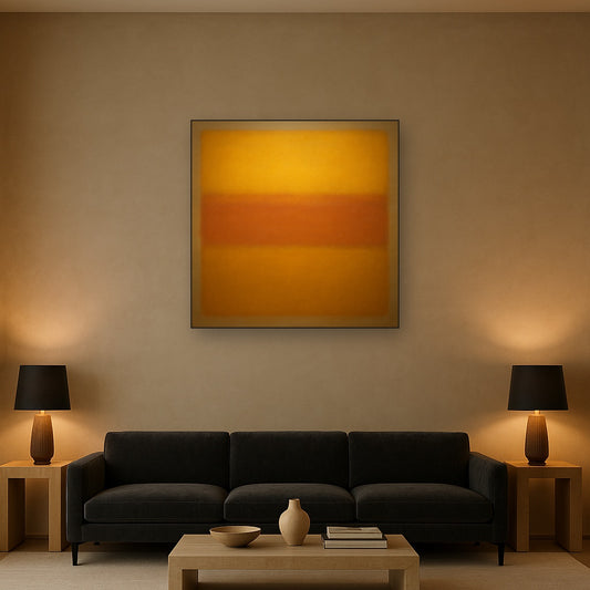 Warm Amber & Raw Sienna Sunset Meditation No. 22 Oil Painting Staged Above Sectional Sofa in Living Room, Hand Painted Canvas Wall Art for Home Decor