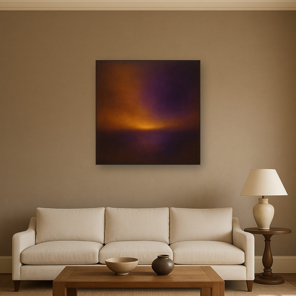 Burnt Amber & Velvet Amethyst Atmosphere No. 14 Oil Painting Staged Above Sectional Sofa in Living Room, Hand Painted Canvas Wall Art for Home Decor
