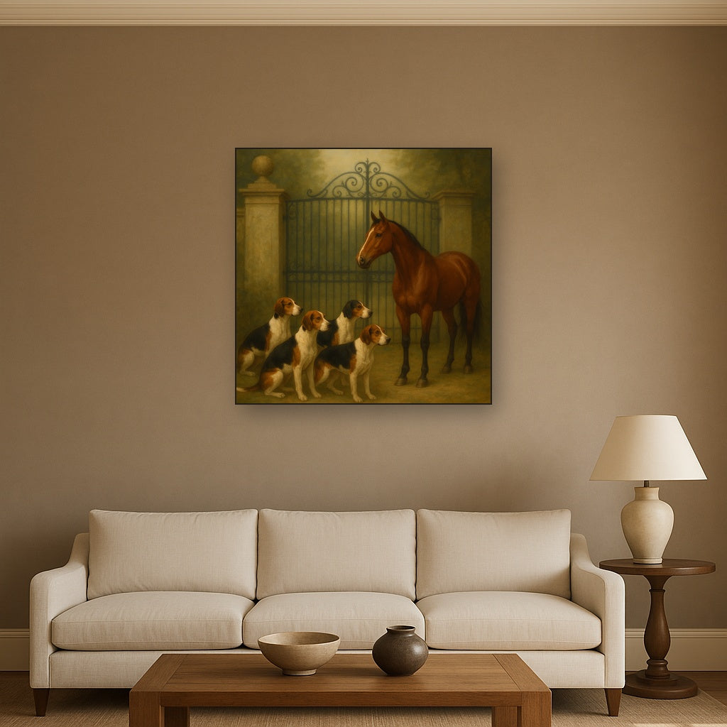 Hunting Hounds & Thoroughbred by Estate Gate No. 11 Oil Painting Staged Above Sectional Sofa in Living Room, Hand Painted Canvas Wall Art for Home Decor