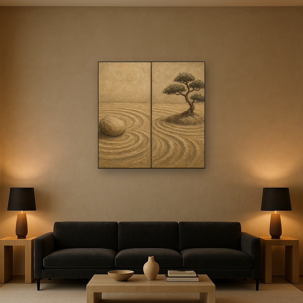 Japandi Zen Garden Diptych Oil Painting - Styled in Modern Living Room