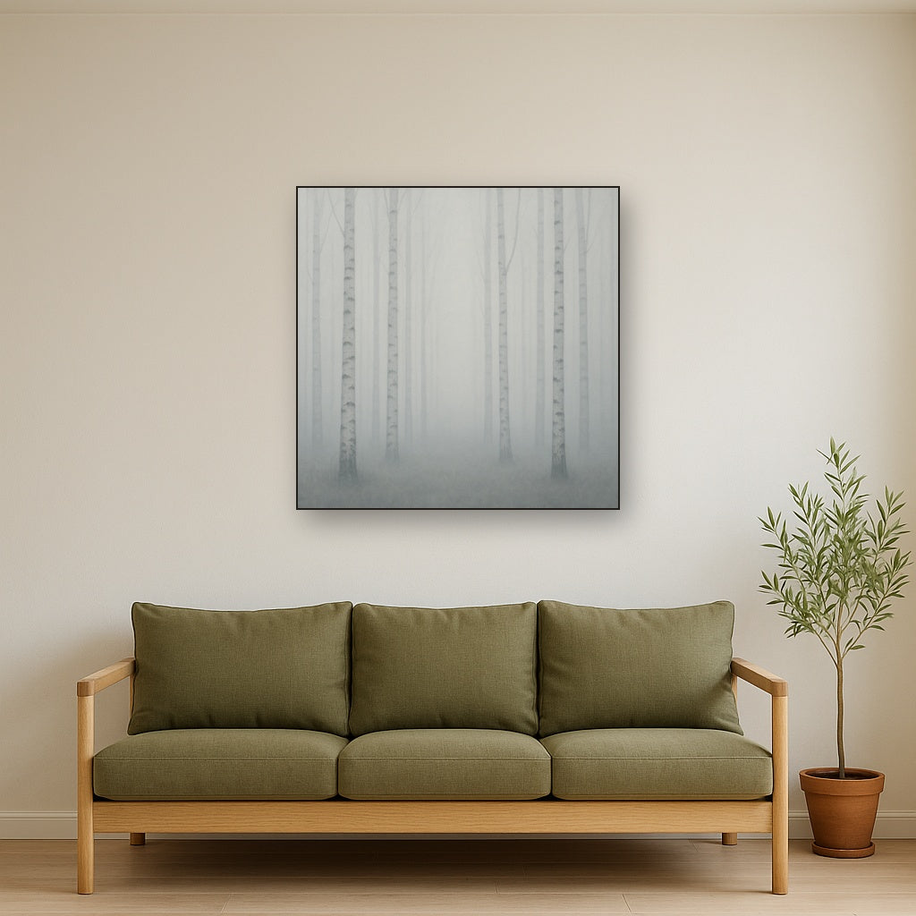 Pale Birch Woodland Silhouette in Whiteout No. 9 Oil Painting - View 2