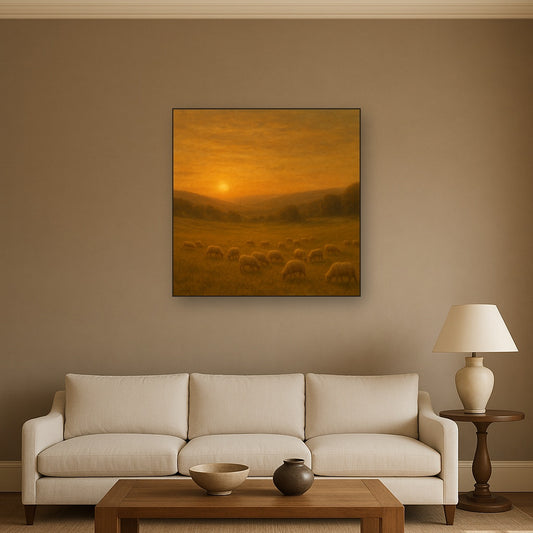 Sunset Grazing Flock in Golden Valley Oil Painting Staged Above Sectional Sofa in Living Room, Hand Painted Canvas Wall Art for Home Decor