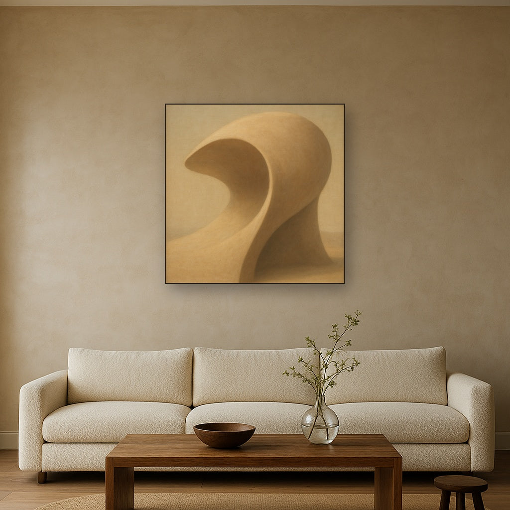 Soft Architectural Curve in Desert Bone No. 10 Oil Painting Staged Above Sectional Sofa in Living Room, Hand Painted Canvas Wall Art for Home Decor