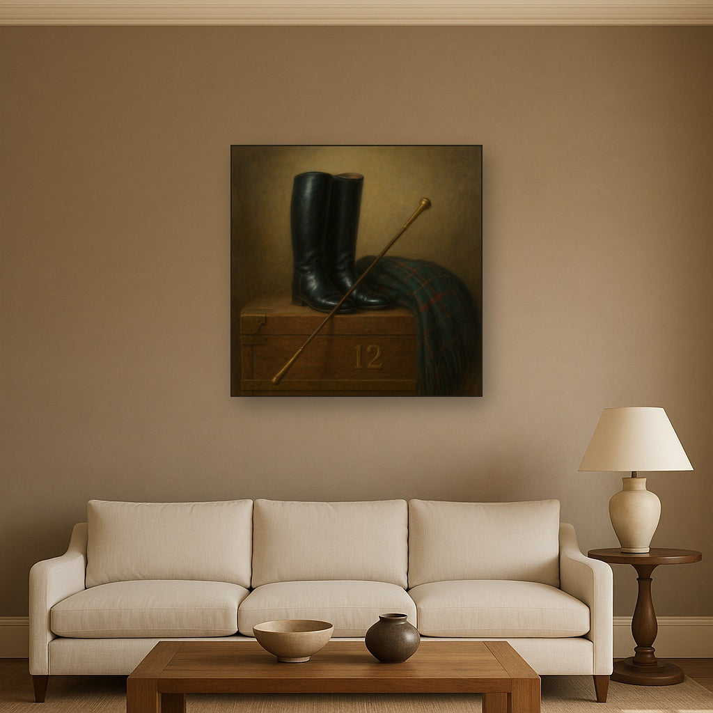 Vintage Riding Boots & Brass Crop on Trunk No. 12 Oil Painting Staged Above Sectional Sofa in Living Room, Hand Painted Canvas Wall Art for Home Decor